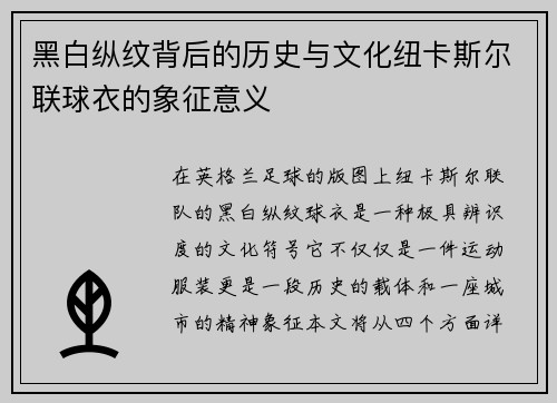 黑白纵纹背后的历史与文化纽卡斯尔联球衣的象征意义